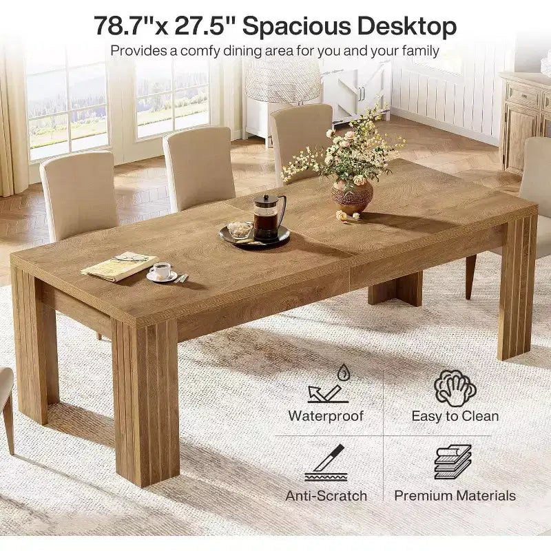 Table de salle à manger de 199,9 cm pour 6 personnes, table de cuisine de style campagnard avec pieds robustes pour salle à manger, cuisine, salon, marron rustique