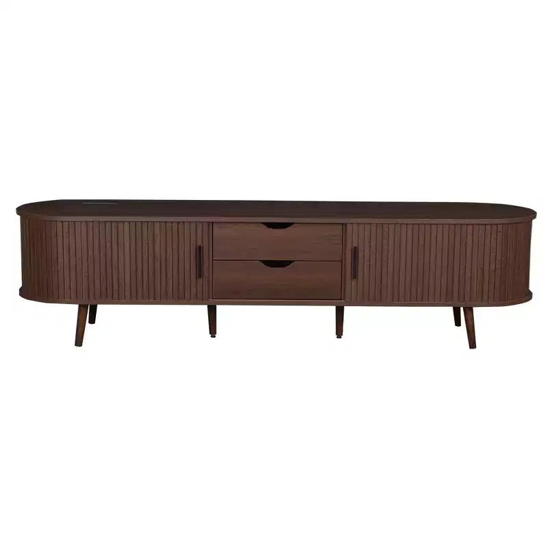 Meuble TV Moderne du Milieu du Siècle de 70 pouces avec Tiroirs à Volet Roulant et Prises Intégrées, Compatible avec les Téléviseurs jusqu'à 80 pouces, Marron Foncé