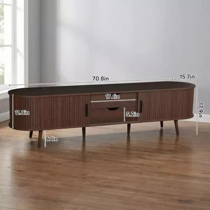 Meuble TV Moderne du Milieu du Siècle de 70 pouces avec Tiroirs à Volet Roulant et Prises Intégrées, Compatible avec les Téléviseurs jusqu'à 80 pouces, Marron Foncé