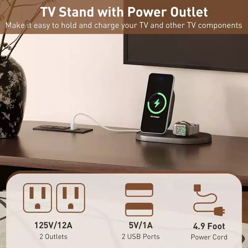 Meuble TV Moderne du Milieu du Siècle de 70 pouces avec Tiroirs à Volet Roulant et Prises Intégrées, Compatible avec les Téléviseurs jusqu'à 80 pouces, Marron Foncé