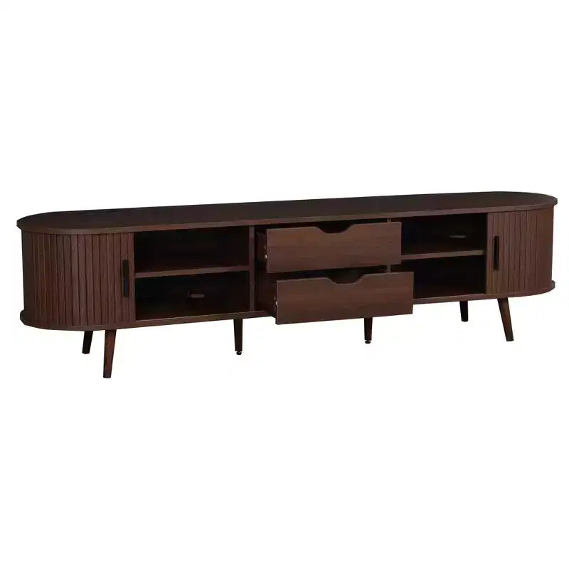Meuble TV Moderne du Milieu du Siècle de 70 pouces avec Tiroirs à Volet Roulant et Prises Intégrées, Compatible avec les Téléviseurs jusqu'à 80 pouces, Marron Foncé