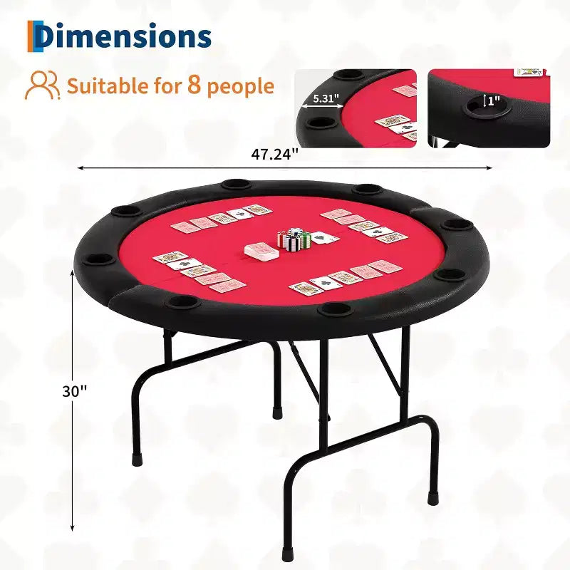 Table de poker ronde pliante 48 pouces 8 joueurs avec porte-gobelets, surface en feutre de qualité casino pour le Texas Holdem et le Blackjack, table de jeu de cartes portable