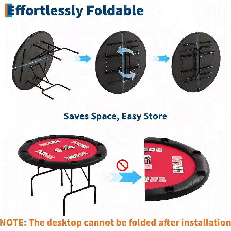 Table de poker ronde pliante 48 pouces 8 joueurs avec porte-gobelets, surface en feutre de qualité casino pour le Texas Holdem et le Blackjack, table de jeu de cartes portable
