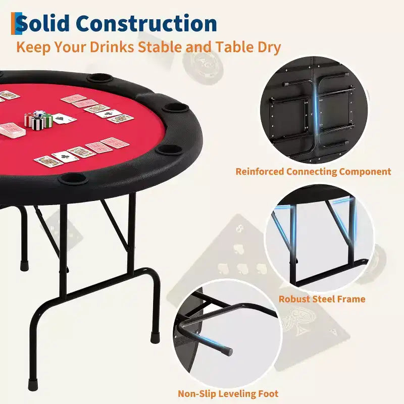 Table de poker ronde pliante 48 pouces 8 joueurs avec porte-gobelets, surface en feutre de qualité casino pour le Texas Holdem et le Blackjack, table de jeu de cartes portable