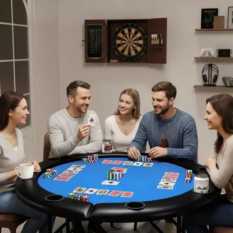 Table de poker ronde pliante 48 pouces 8 joueurs avec porte-gobelets, surface en feutre de qualité casino pour le Texas Holdem et le Blackjack, table de jeu de cartes portable