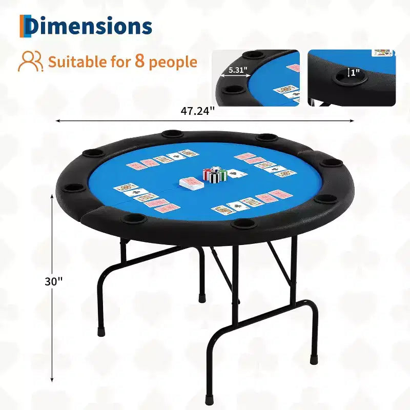 Table de poker ronde pliante 48 pouces 8 joueurs avec porte-gobelets, surface en feutre de qualité casino pour le Texas Holdem et le Blackjack, table de jeu de cartes portable