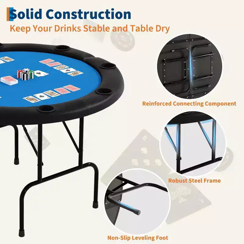 Table de poker ronde pliante 48 pouces 8 joueurs avec porte-gobelets, surface en feutre de qualité casino pour le Texas Holdem et le Blackjack, table de jeu de cartes portable