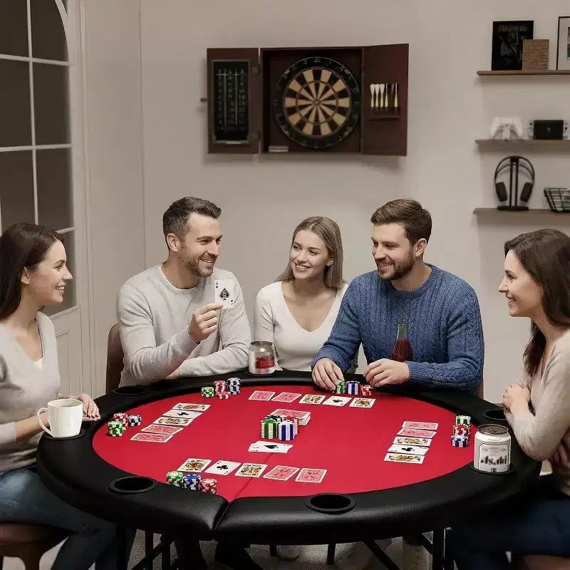 Table de poker ronde pliante 48 pouces 8 joueurs avec porte-gobelets, surface en feutre de qualité casino pour le Texas Holdem et le Blackjack, table de jeu de cartes portable