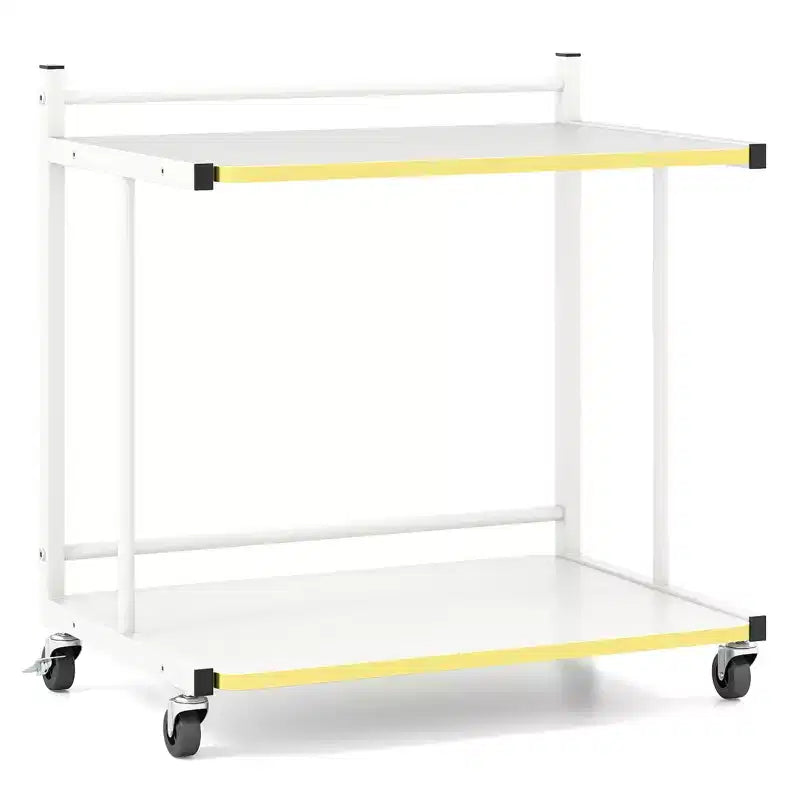 Table d'appoint mobile à 2 niveaux avec étagères ouvertes, bords dorés, roulettes verrouillables