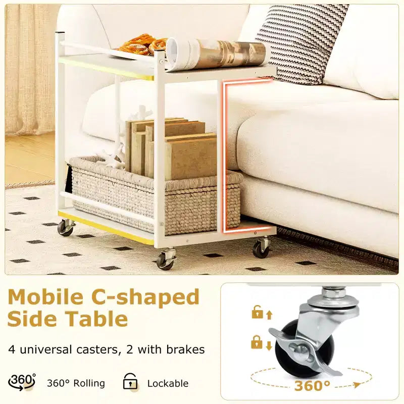 Table d'appoint mobile à 2 niveaux avec étagères ouvertes, bords dorés, roulettes verrouillables