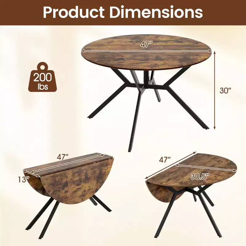 Table à manger pliante de 119,4 cm, table de cuisine ronde extensible avec abattants pour la maison