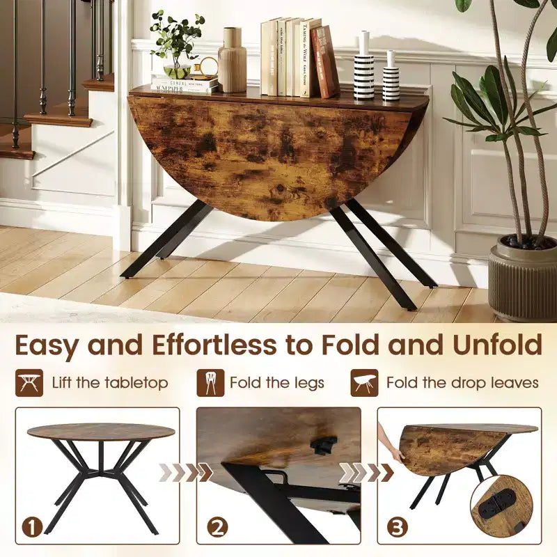 Table à manger pliante de 119,4 cm, table de cuisine ronde extensible avec abattants pour la maison