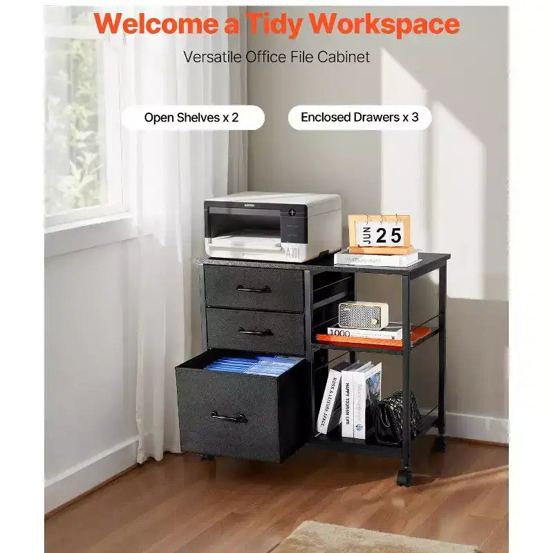 Meuble de rangement mobile avec 3 tiroirs en tissu et étagères – Rangement de dossiers à roulettes pour bureau à domicile