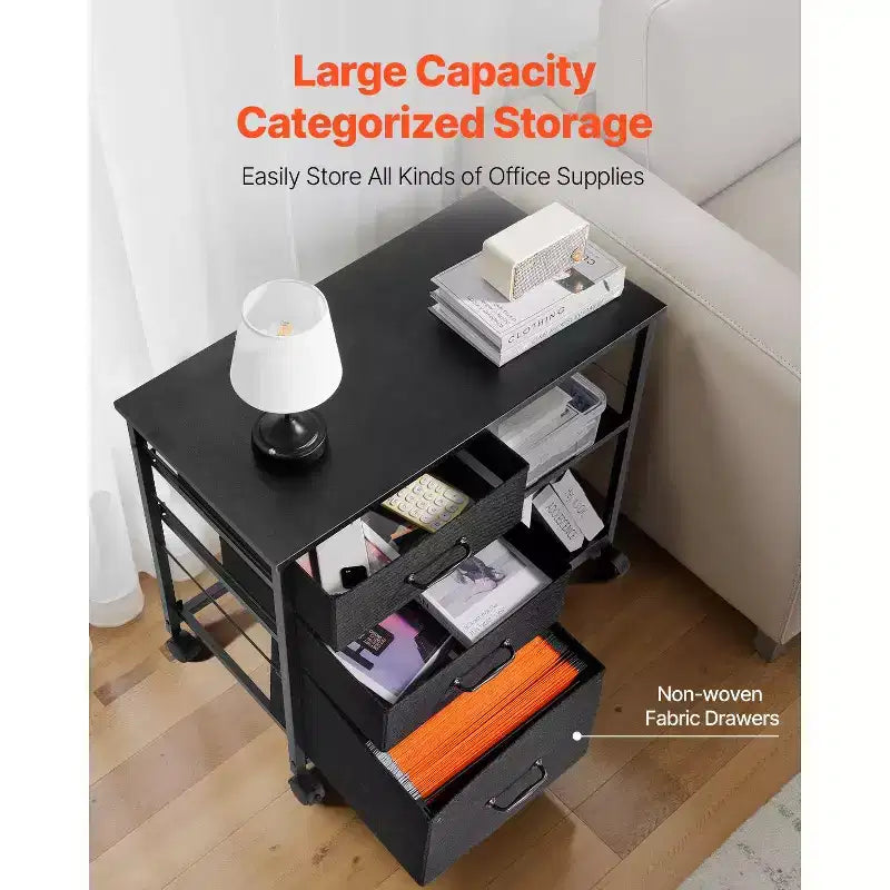 Meuble de rangement mobile avec 3 tiroirs en tissu et étagères – Rangement de dossiers à roulettes pour bureau à domicile