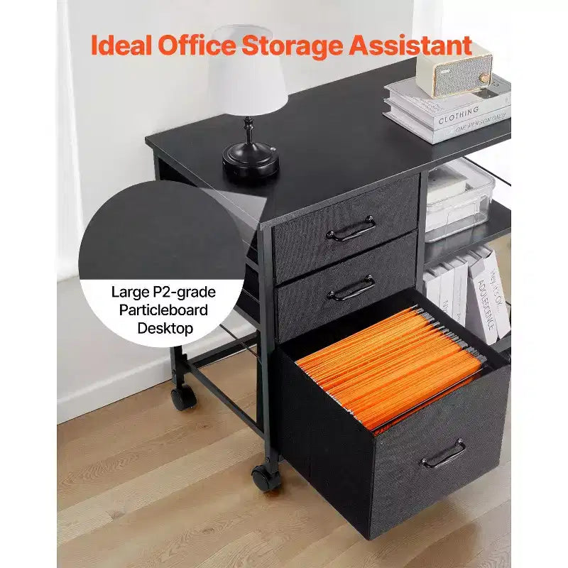 Meuble de rangement mobile avec 3 tiroirs en tissu et étagères – Rangement de dossiers à roulettes pour bureau à domicile