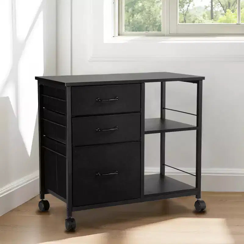 Meuble de rangement mobile avec 3 tiroirs en tissu et étagères – Rangement de dossiers à roulettes pour bureau à domicile
