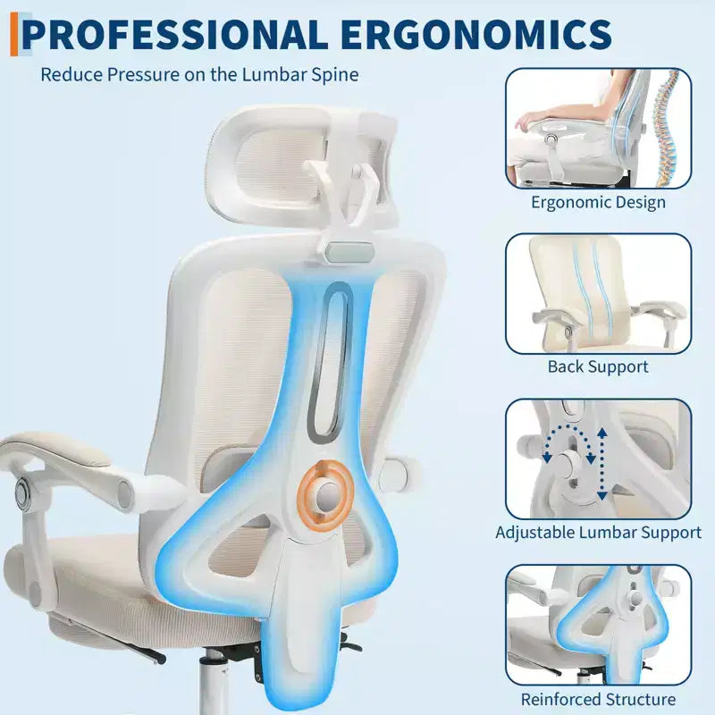 Fauteuil inclinable ergonomique en maille avec repose-pieds, soutien lombaire et appui-tête réglables, pour bureau à domicile ou salle de jeux