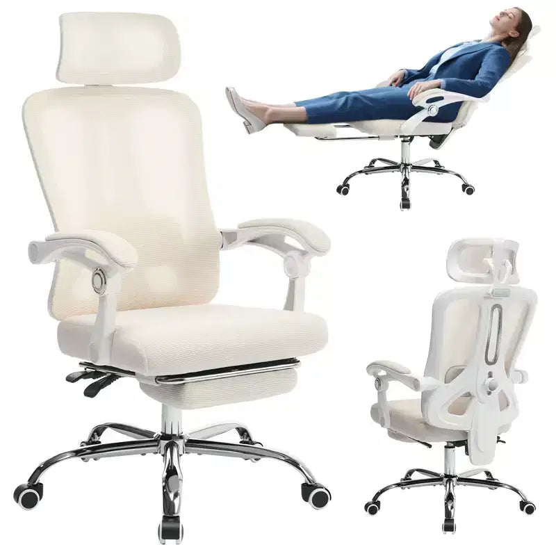 Fauteuil inclinable ergonomique en maille avec repose-pieds, soutien lombaire et appui-tête réglables, pour bureau à domicile ou salle de jeux