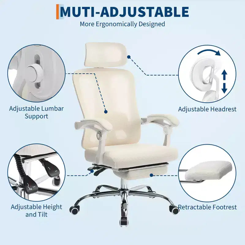 Fauteuil inclinable ergonomique en maille avec repose-pieds, soutien lombaire et appui-tête réglables, pour bureau à domicile ou salle de jeux