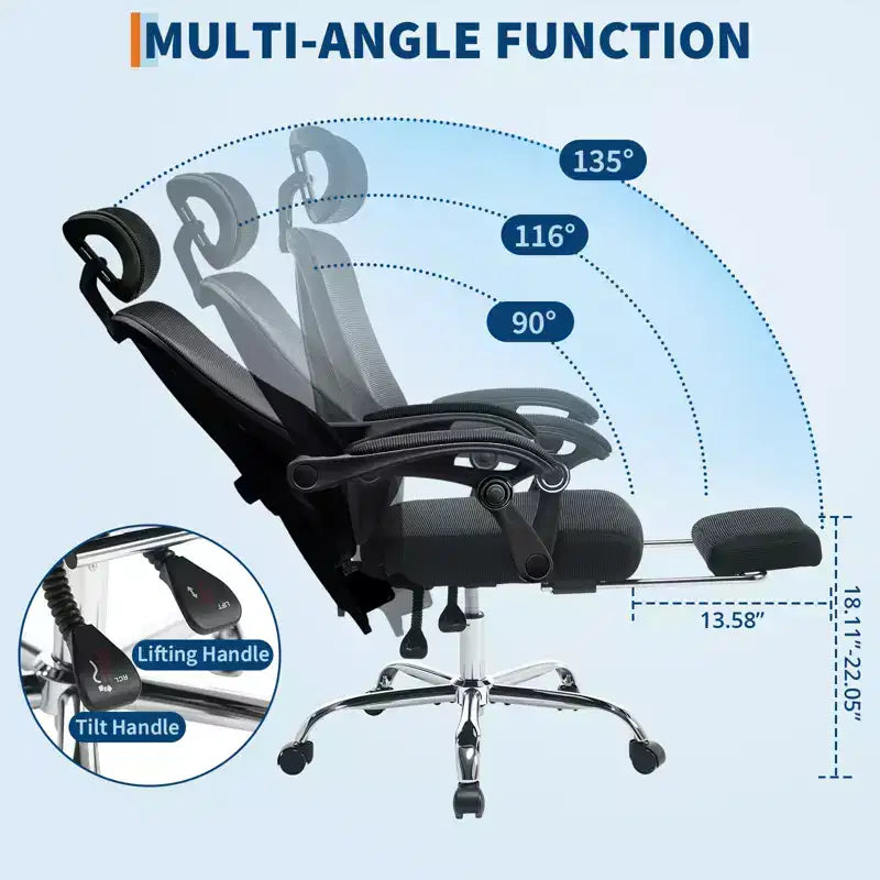 Fauteuil inclinable ergonomique en maille avec repose-pieds, soutien lombaire et appui-tête réglables, pour bureau à domicile ou salle de jeux