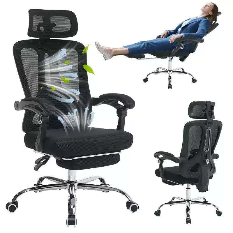 Fauteuil inclinable ergonomique en maille avec repose-pieds, soutien lombaire et appui-tête réglables, pour bureau à domicile ou salle de jeux