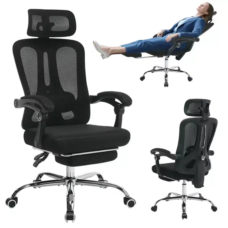 Fauteuil inclinable ergonomique en maille avec repose-pieds, soutien lombaire et appui-tête réglables, pour bureau à domicile ou salle de jeux