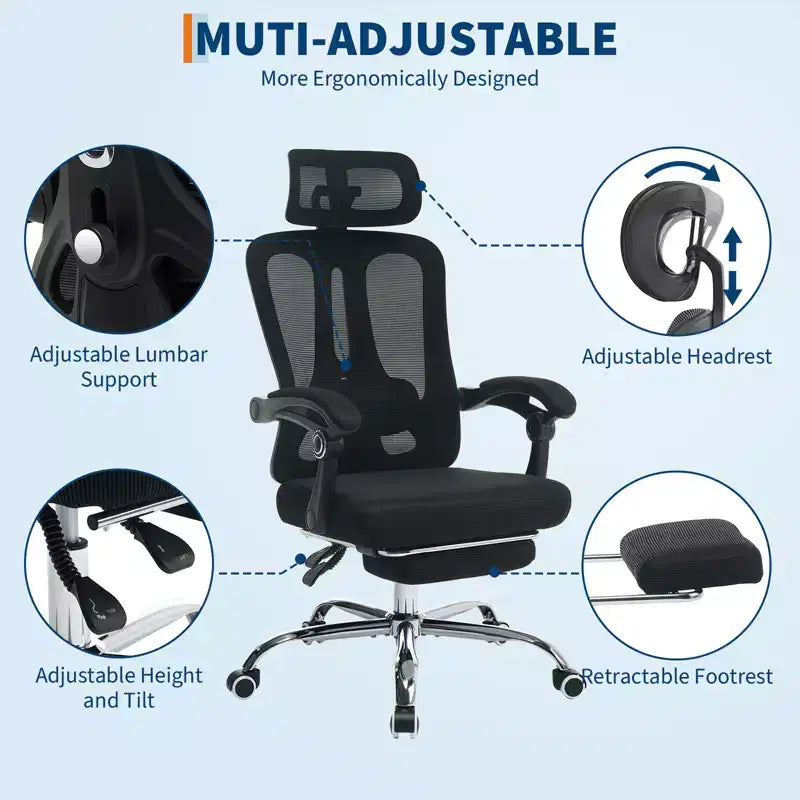 Fauteuil inclinable ergonomique en maille avec repose-pieds, soutien lombaire et appui-tête réglables, pour bureau à domicile ou salle de jeux
