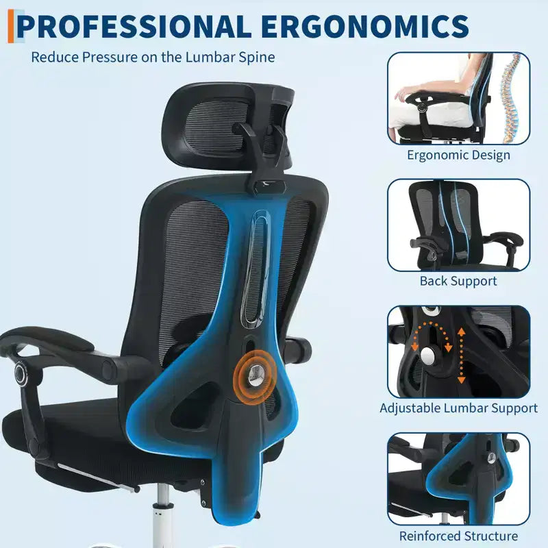 Fauteuil inclinable ergonomique en maille avec repose-pieds, soutien lombaire et appui-tête réglables, pour bureau à domicile ou salle de jeux
