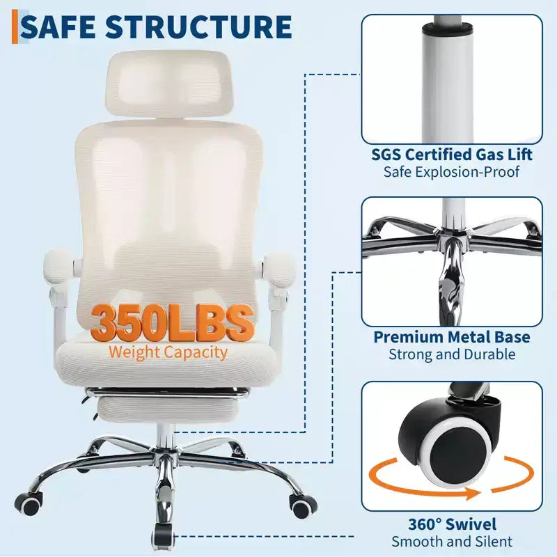 Fauteuil inclinable ergonomique en maille avec repose-pieds, soutien lombaire et appui-tête réglables, pour bureau à domicile ou salle de jeux