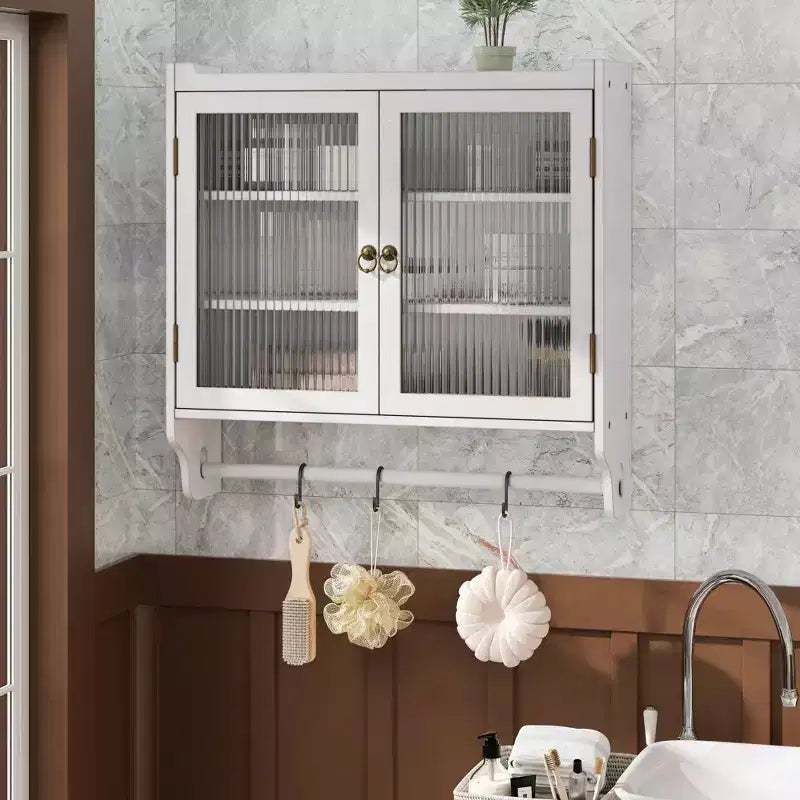 24.8 Double Glass Door Vintage Kitchen and Dining Cabinet with Three Tiers Towel Rack for Kitchen Dining Room, White