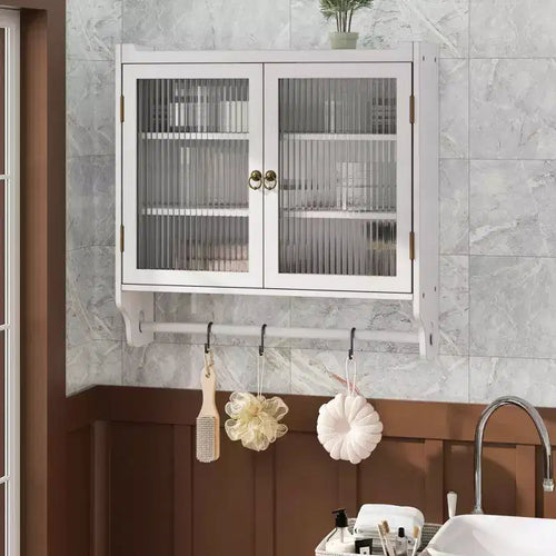 24.8 Double Glass Door Vintage Kitchen and Dining Cabinet with Three Tiers Towel Rack for Kitchen Dining Room, White