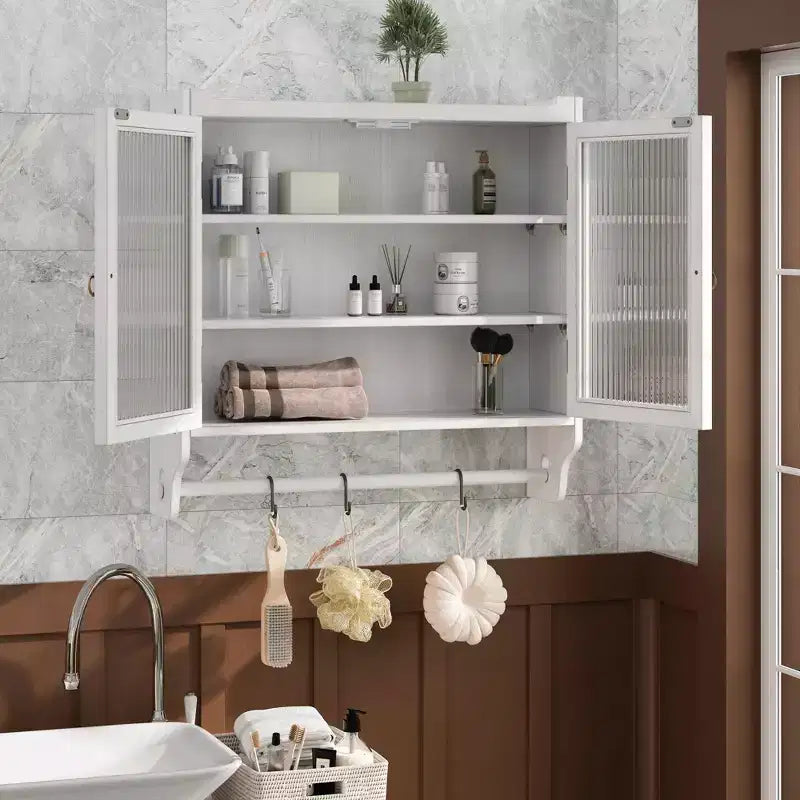 24.8 Double Glass Door Vintage Kitchen and Dining Cabinet with Three Tiers Towel Rack for Kitchen Dining Room, White