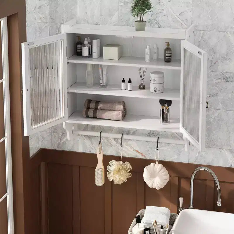 24.8 Double Glass Door Vintage Kitchen and Dining Cabinet with Three Tiers Towel Rack for Kitchen Dining Room, White