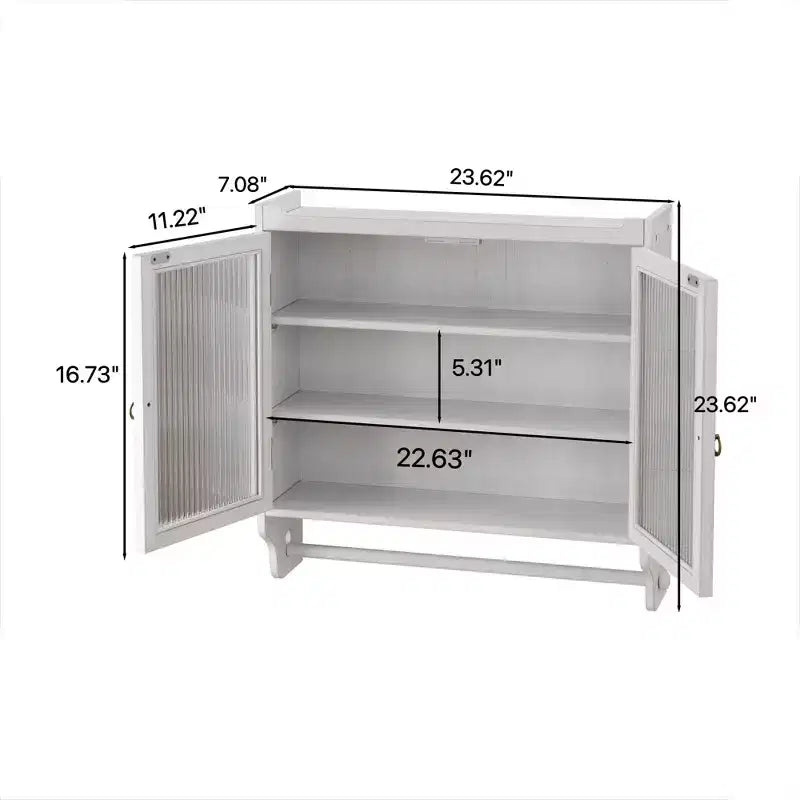 24.8 Double Glass Door Vintage Kitchen and Dining Cabinet with Three Tiers Towel Rack for Kitchen Dining Room, White