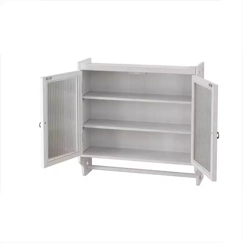 24.8 Double Glass Door Vintage Kitchen and Dining Cabinet with Three Tiers Towel Rack for Kitchen Dining Room, White