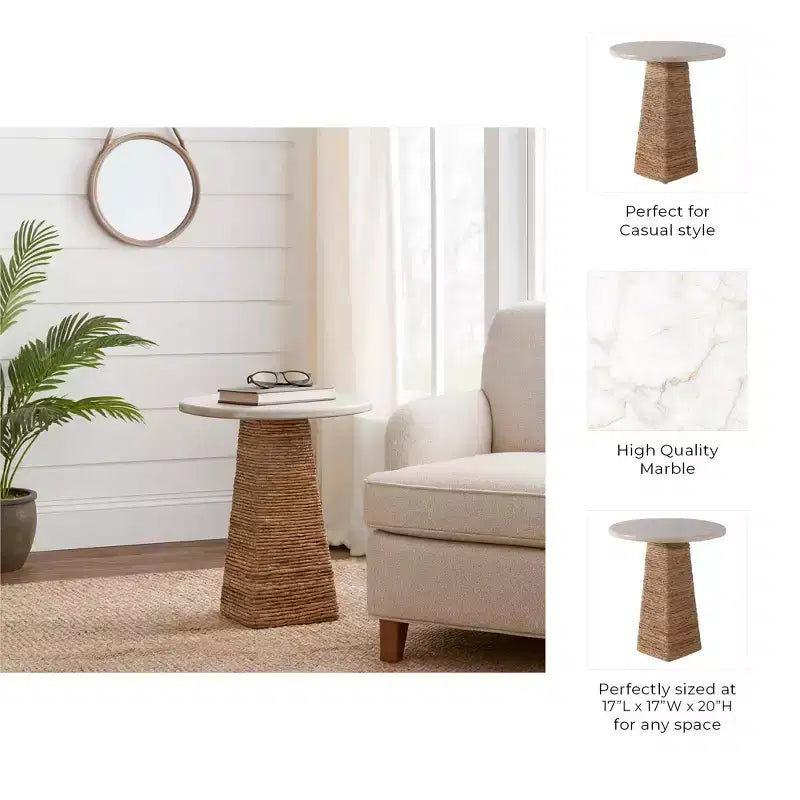 Table d'appoint tissée avec plateau en pierre pour petits espaces - Table d'appoint unique naturelle pour la décoration de chambre ou le style de salon - 20, beige et ivoire