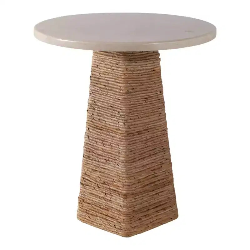 Table d'appoint tissée avec plateau en pierre pour petits espaces - Table d'appoint unique naturelle pour la décoration de chambre ou le style de salon - 20, beige et ivoire