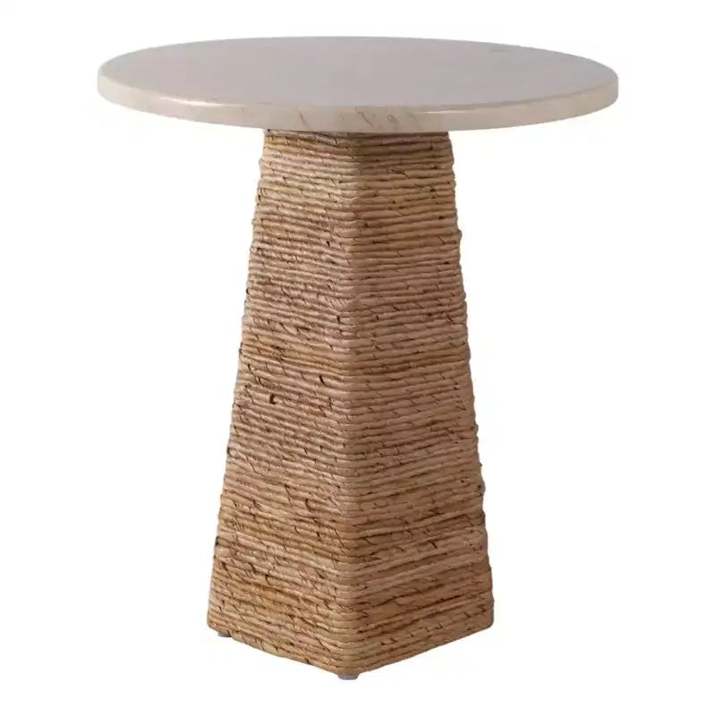 Table d'appoint tissée avec plateau en pierre pour petits espaces - Table d'appoint unique naturelle pour la décoration de chambre ou le style de salon - 20, beige et ivoire