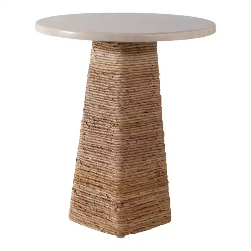 Table d'appoint tissée avec plateau en pierre pour petits espaces - Table d'appoint unique naturelle pour la décoration de chambre ou le style de salon - 20, beige et ivoire