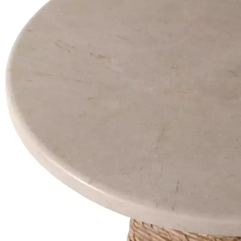 Table d'appoint tissée avec plateau en pierre pour petits espaces - Table d'appoint unique naturelle pour la décoration de chambre ou le style de salon - 20, beige et ivoire