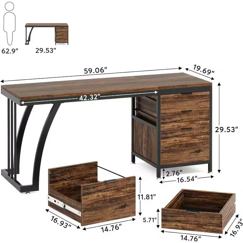 Bureau d'ordinateur de 150 cm avec 3 tiroirs, bureau d'ordinateur avec tiroirs réversibles et rangement de dossiers pour bureau à domicile, marron rustique industriel