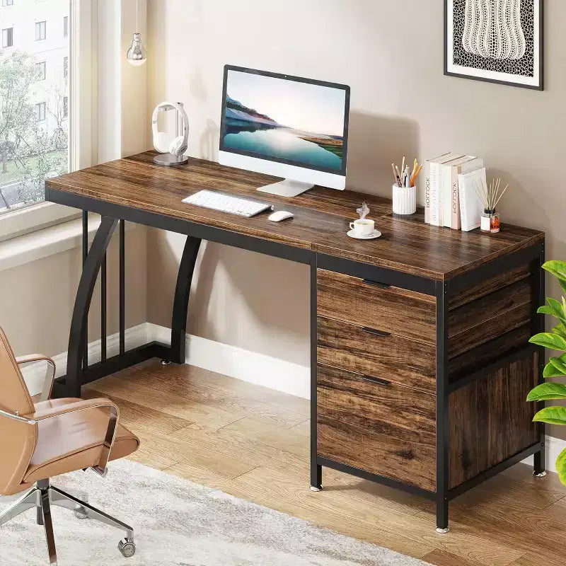 Bureau d'ordinateur de 150 cm avec 3 tiroirs, bureau d'ordinateur avec tiroirs réversibles et rangement de dossiers pour bureau à domicile, marron rustique industriel