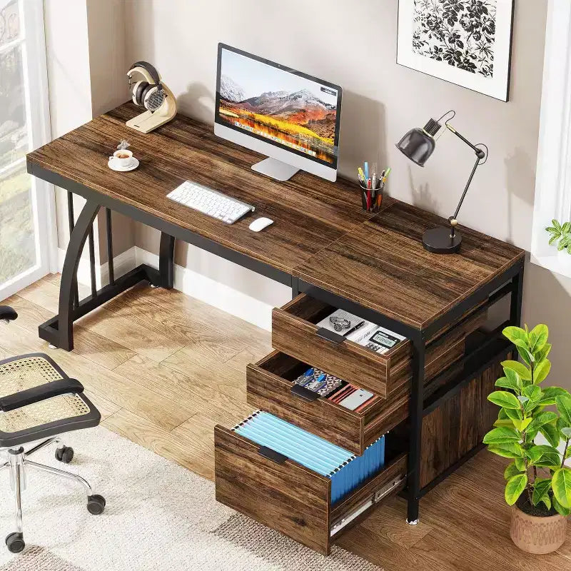 Bureau d'ordinateur de 150 cm avec 3 tiroirs, bureau d'ordinateur avec tiroirs réversibles et rangement de dossiers pour bureau à domicile, marron rustique industriel