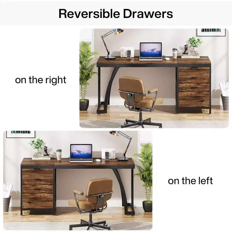 Bureau d'ordinateur de 150 cm avec 3 tiroirs, bureau d'ordinateur avec tiroirs réversibles et rangement de dossiers pour bureau à domicile, marron rustique industriel