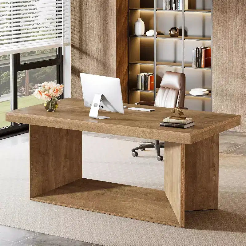 Bureau de direction de 160 cm, grand bureau d'ordinateur avec piédestal robuste, poste de travail de style ferme pour bureau à domicile, marron rustique