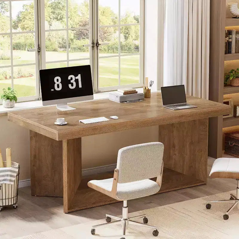 Bureau de direction de 160 cm, grand bureau d'ordinateur avec piédestal robuste, poste de travail de style ferme pour bureau à domicile, marron rustique