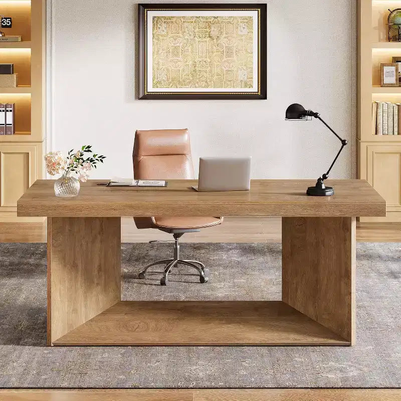 Bureau de direction de 160 cm, grand bureau d'ordinateur avec piédestal robuste, poste de travail de style ferme pour bureau à domicile, marron rustique