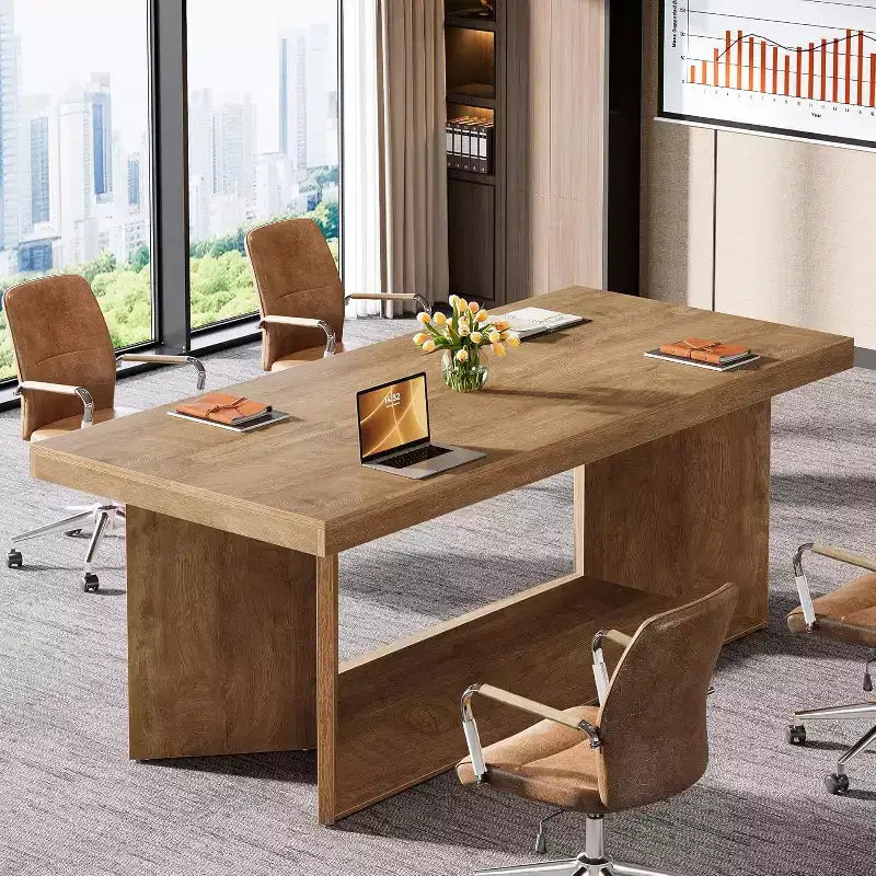 Bureau de direction de 160 cm, grand bureau d'ordinateur avec piédestal robuste, poste de travail de style ferme pour bureau à domicile, marron rustique