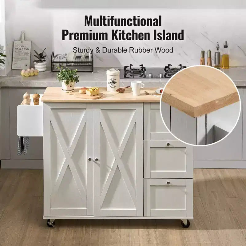 Desserte de cuisine avec plateau en bois massif, chariot de cuisine roulant de 115 cm avec armoire de rangement, abattant, tiroir et porte-épices, blanc