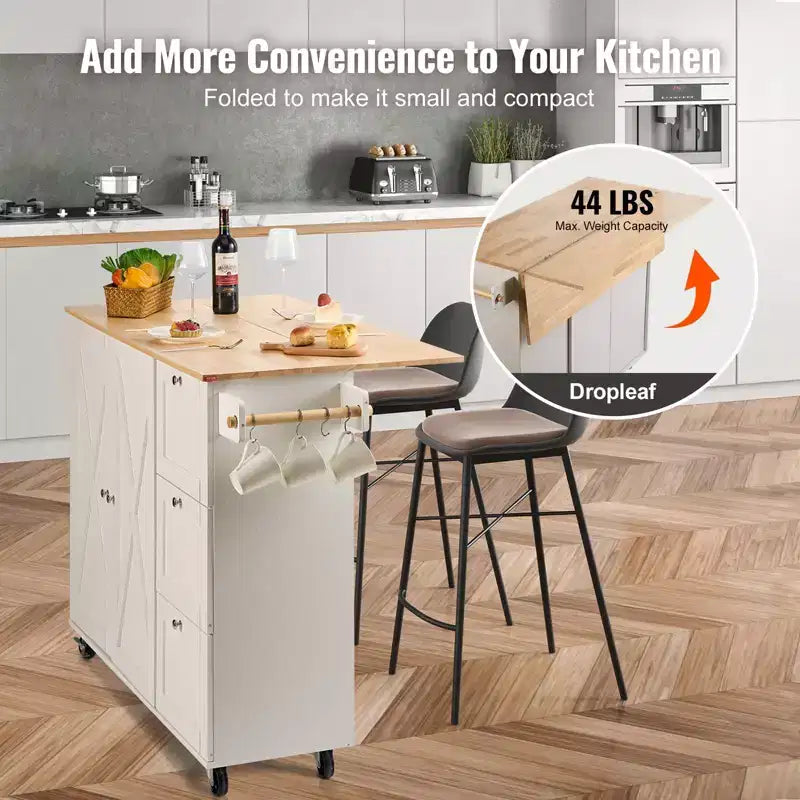 Desserte de cuisine avec plateau en bois massif, chariot de cuisine roulant de 115 cm avec armoire de rangement, abattant, tiroir et porte-épices, blanc